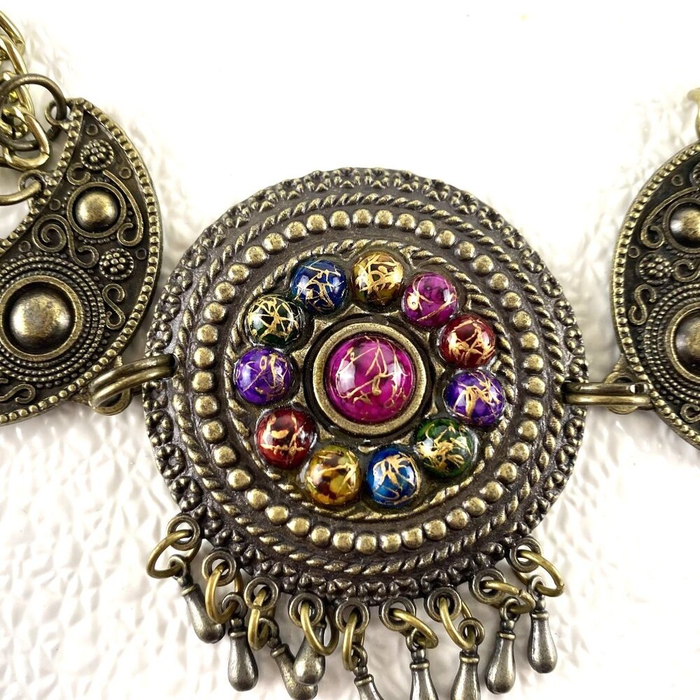 VTG Bohemian Statement Necklace Colorful Beads Intricate Metalwork Adjustable